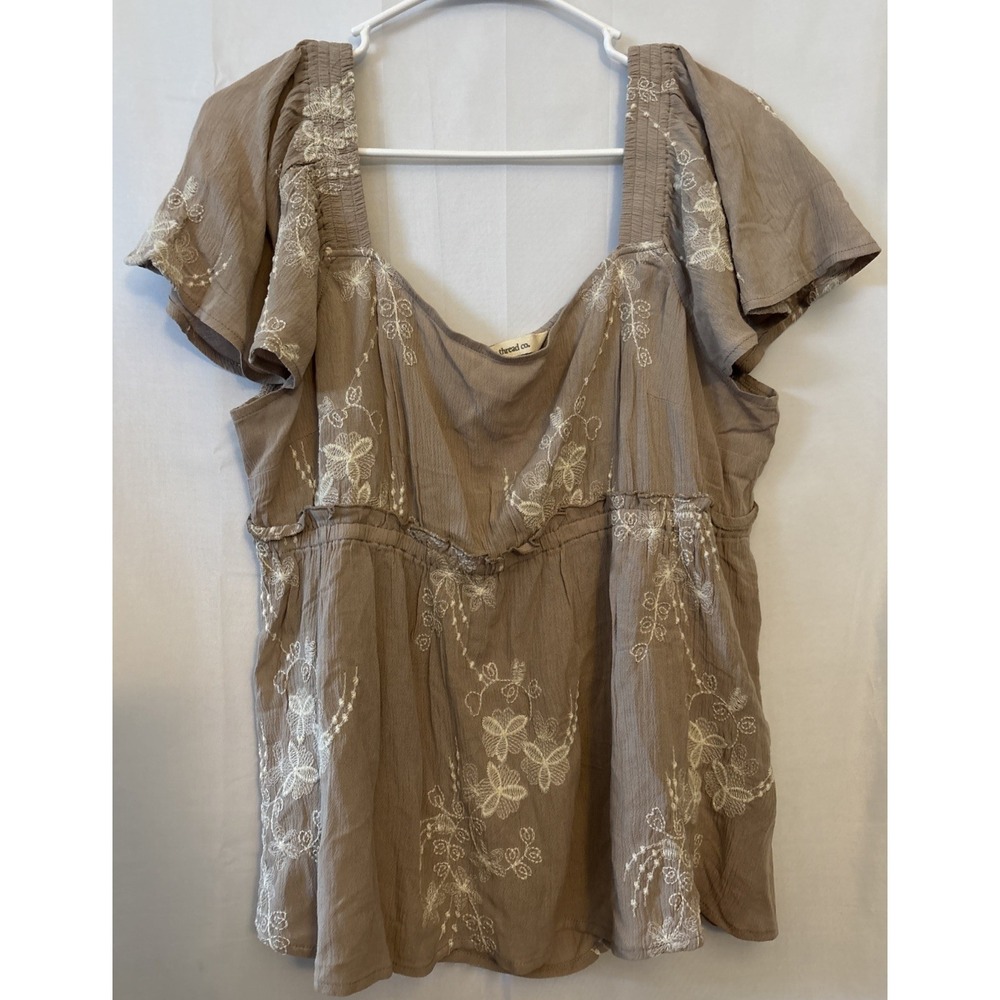 Indigo Thread Woven Flutter Sleeve Blouse Tan Ruffle Embroidered Boho‎ Indie XL